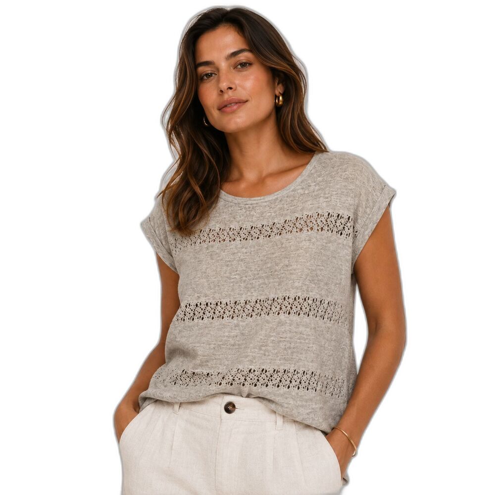 Akemi+Kin 100% Linen Top Women Sz S Gray Lace Panel Boho Minimalist Quiet Luxury